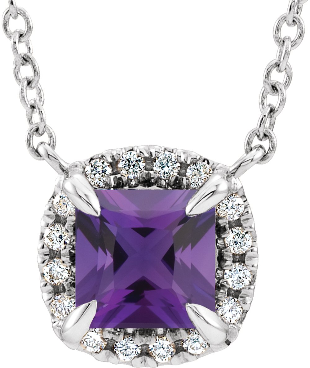 14K White Natural Amethyst & .05 CTW Natural Diamond 18" Necklace 