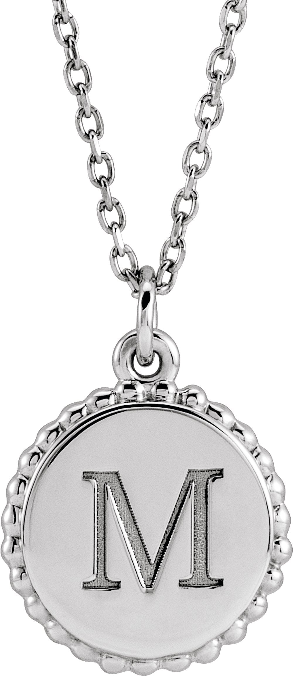 14K White Gold Engravable Beaded Disc 16-18" Necklace