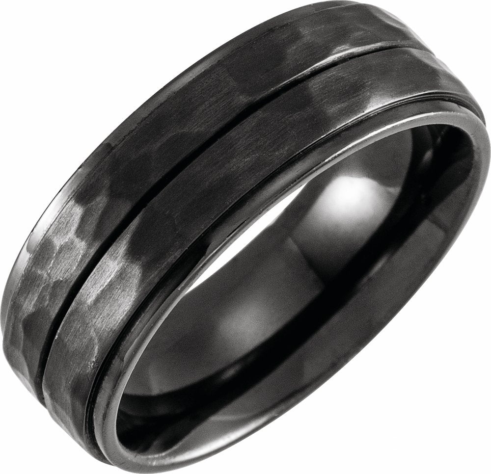 Black Titanium 8 mm Flat Grooved Stepped Hammered Band Size 7.5