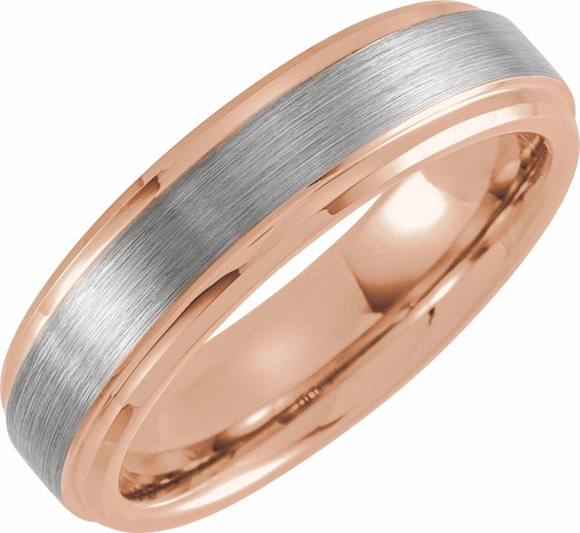 18K Rose Gold PVD & Tungsten Inlay 6 mm Beveled Stepped-Edge Comfort-Fit Band Size 7