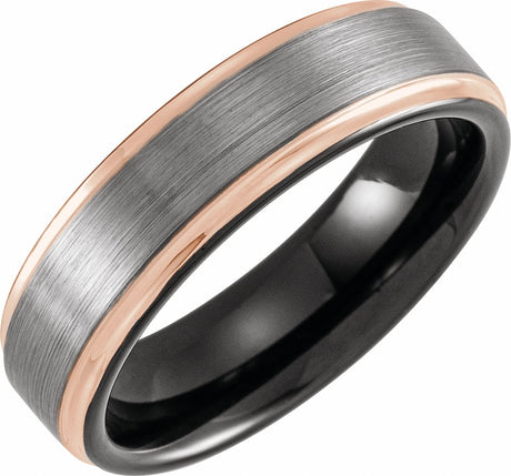 18K Rose Gold PVD & Black PVD Tungsten 6 mm Flat Grooved Satin Band Size 7