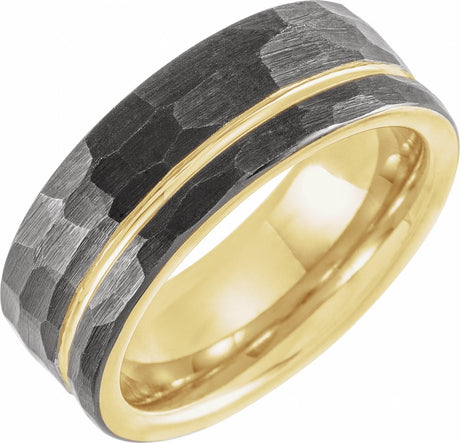 18K Yellow Gold PVD & Black PVD Tungsten 8 mm Flat Grooved Hammered Band Size 7.5