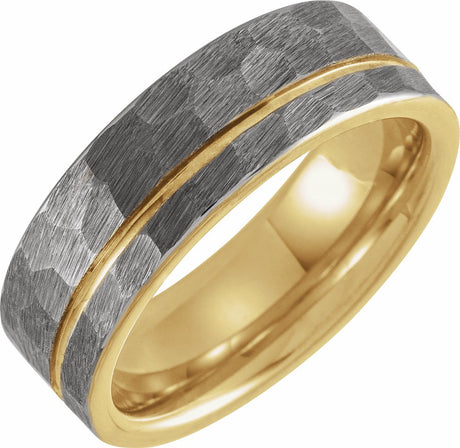 18K Yellow Gold PVD Tungsten 8 mm Flat Grooved Hammered Band Size 7.5 