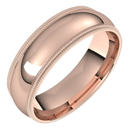 14K Rose 6 mm Double Milgrain Half Round Comfort Fit Band Size 9.5