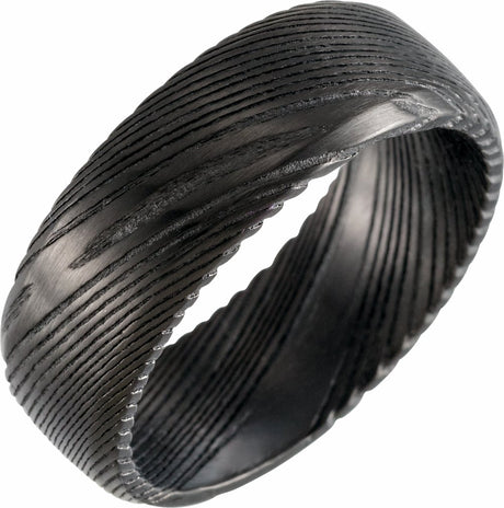 Black Damascus Steel 8 mm Beveled Patterned Band Size 7.5