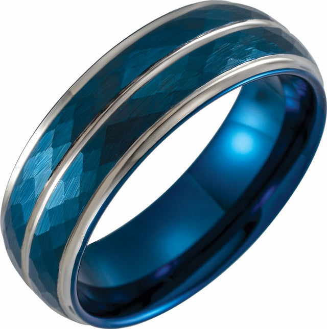Blue PVD Tungsten 8 mm Stepped-Edge Grooved Comfort-Fit Band Size 7