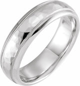 10K White 6 mm Half Round Band with Hammered Texture & Milgrain Size 7.5