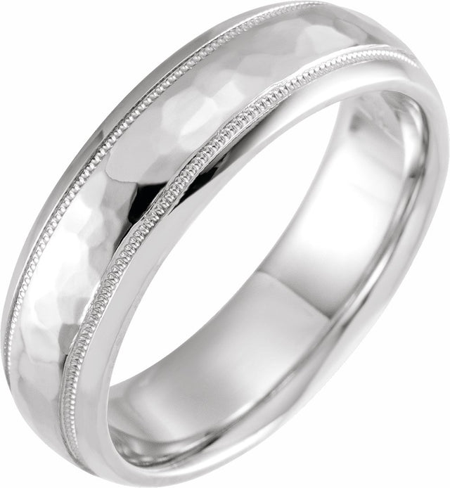 10K White 6 mm Half Round Band with Hammered Texture & Milgrain Size 7.5