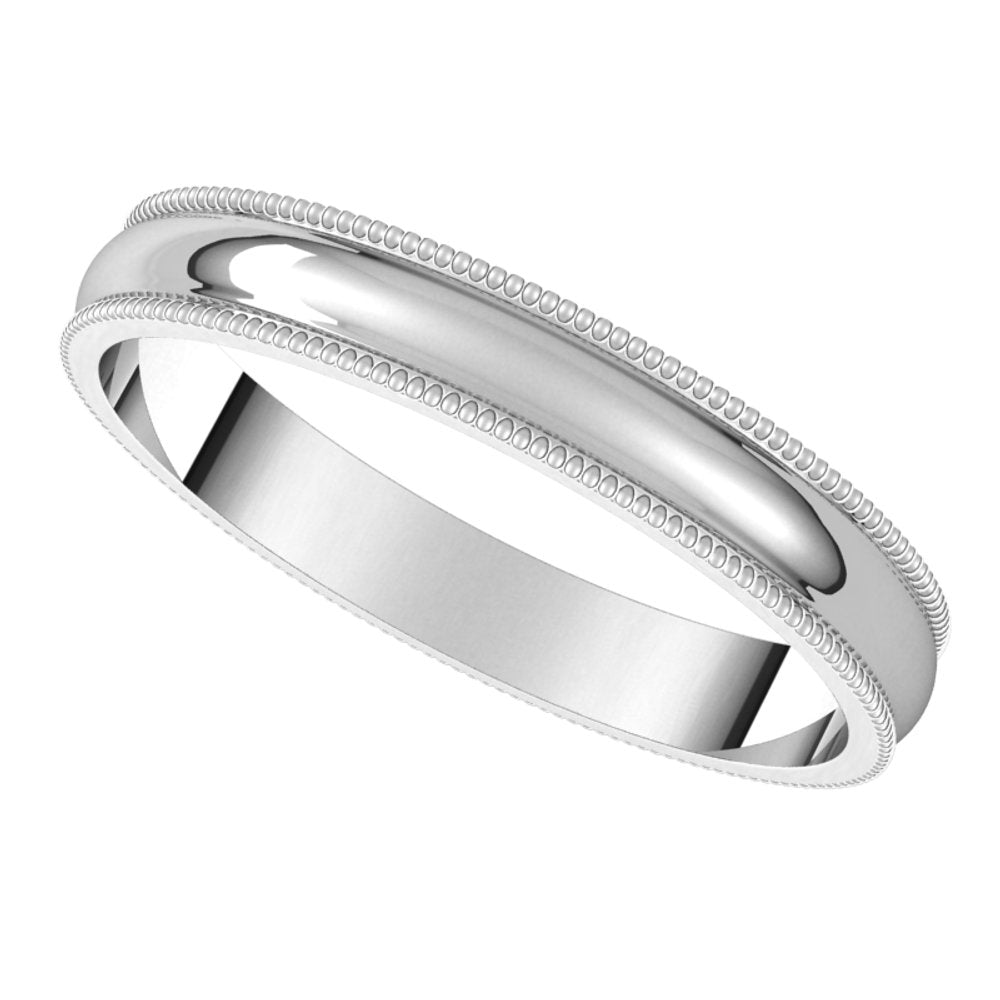 18K White 3 mm Milgrain Half Round Light Band Size 10