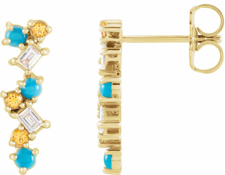 14K Yellow Natural Turquoise, Natural Honey Topaz & 1/10 CTW Natural Diamond Scattered Bar Earrings