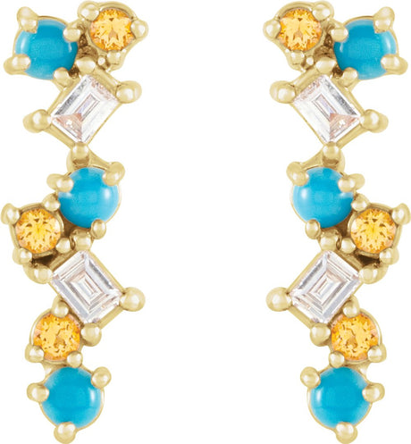 14K Yellow Natural Turquoise, Natural Honey Topaz & 1/10 CTW Natural Diamond Scattered Bar Earrings