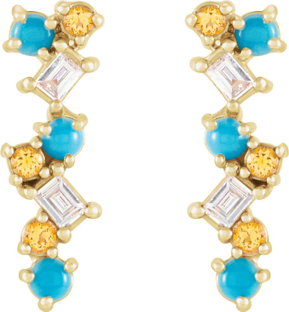 14K Yellow Natural Turquoise, Natural Honey Topaz & 1/10 CTW Natural Diamond Scattered Bar Earrings