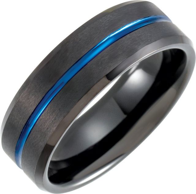 Black & Blue PVD Tungsten 8 mm Beveled-Edge Grooved Comfort-Fit Band Size 7