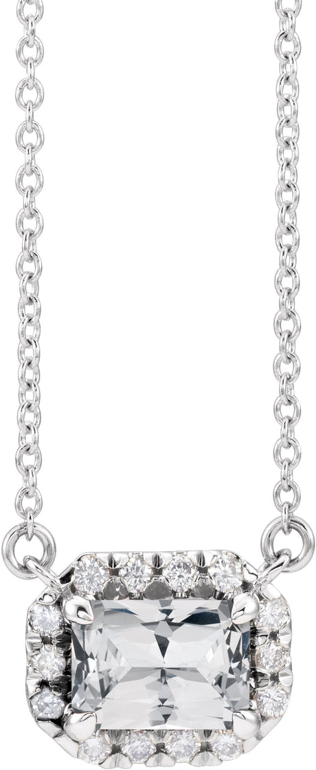 Platinum 5x3 mm Natural White Sapphire & 1/8 CTW Natural Diamond Halo-Style 18" Necklace