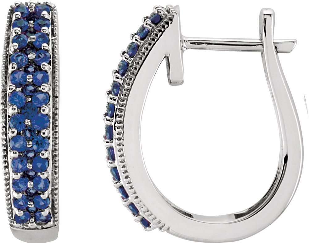 14K White Gold Natural Blue Sapphire 18.5 mm Hoop Earrings