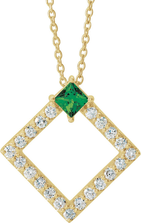 14K Yellow Natural Emerald & 3/8 CTW Natural Diamond 16-18" Necklace