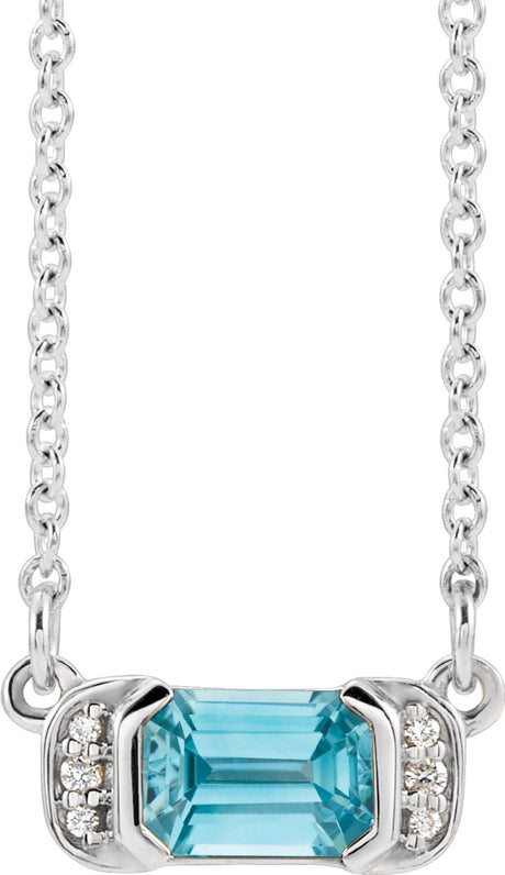 14K White Gold Natural Blue Zircon & .02 CTW Natural Diamond Bar 16" Necklace