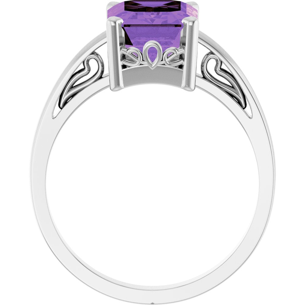 14K White Natural Amethyst Scroll Setting® Ring