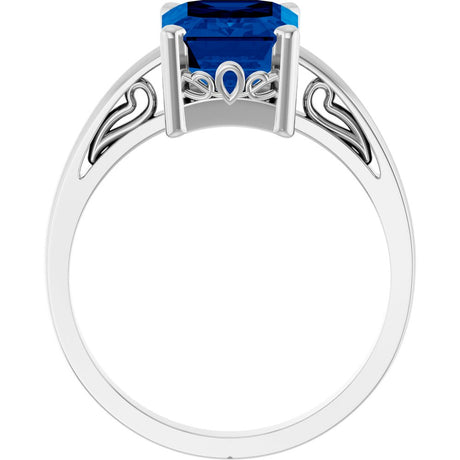 14K White Gold Lab-Grown Blue Sapphire Solitaire Scroll Setting® Ring
