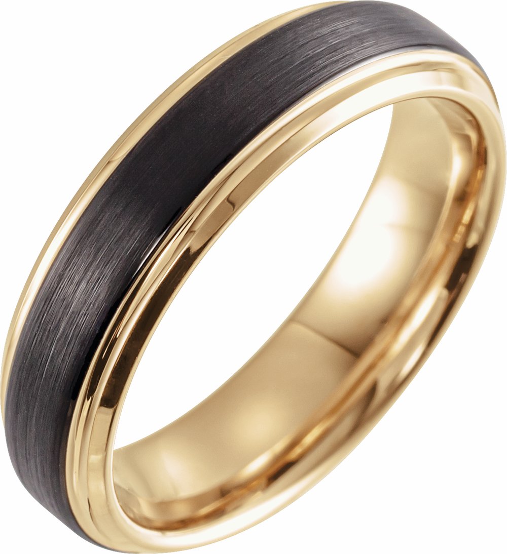 18K Yellow Gold PVD & Black PVD Tungsten 6 mm Beveled Stepped-Edge Comfort-Fit Band Size 8