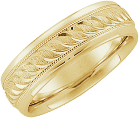 14K Yellow Gold 6 mm Milgrain Design-Engraved Comfort-Fit Half Round Band Size 10.5