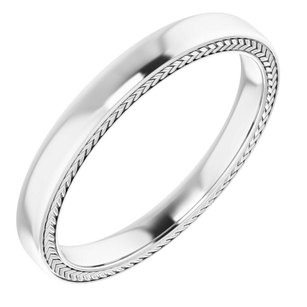 14K White Wheat Pattern Inlay 3 mm Comfort-Fit Half Round Band Size 10