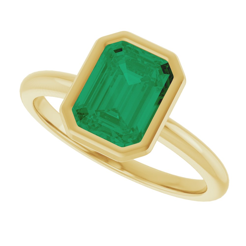 14K Yellow Gold 8x6 mm Lab-Grown Emerald Bezel-Set Ring