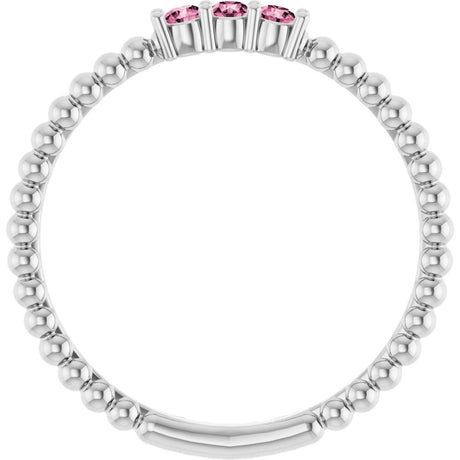 14K White Natural Pink Tourmaline Beaded Ring