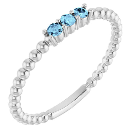 14K White Natural Aquamarine Beaded Ring