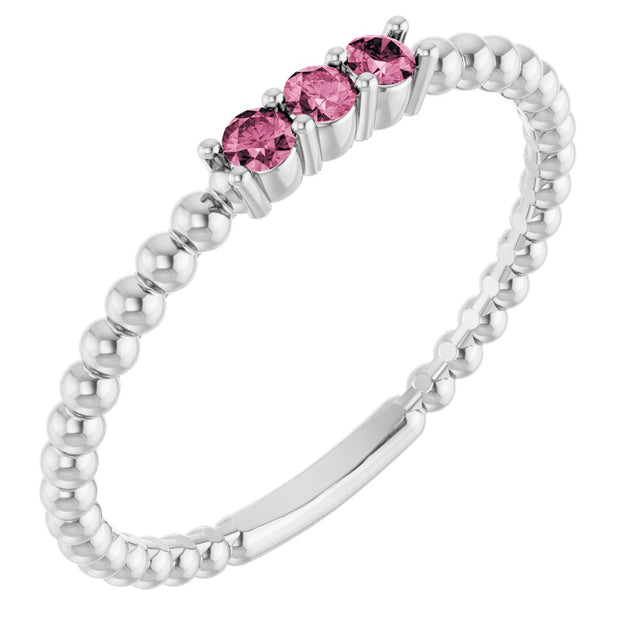 14K White Gold Natural Pink Tourmaline Beaded Ring