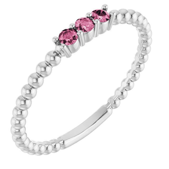 14K White Natural Pink Tourmaline Beaded Ring