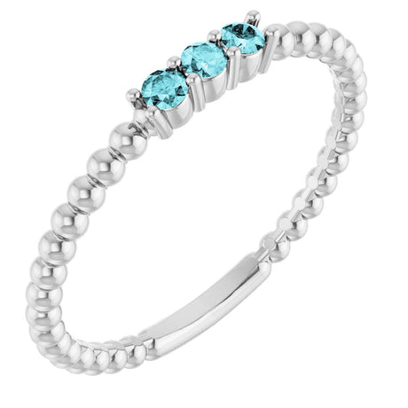 14K White Gold Natural Blue Zircon Beaded Ring