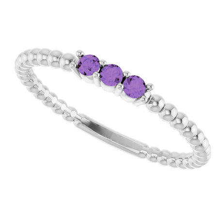 14K White Natural Amethyst Beaded Ring