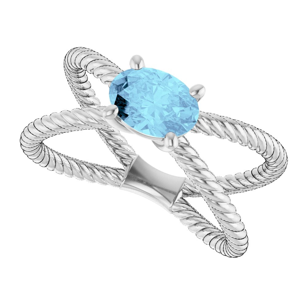 14K White Natural Aquamarine Rope Ring