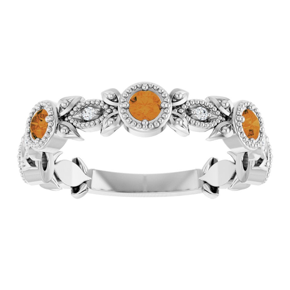 14K White Natural Citrine & .03 CTW Natural Diamond Leaf Ring