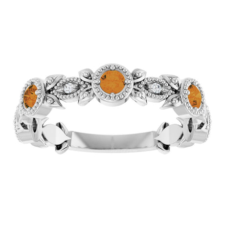 14K White Natural Citrine & .03 CTW Natural Diamond Leaf Ring