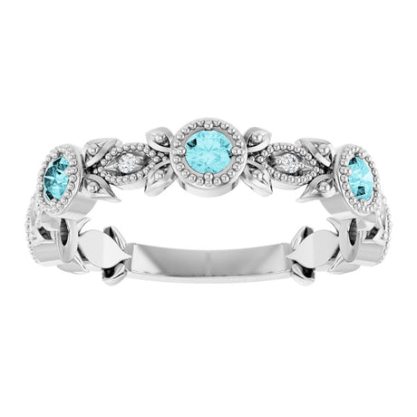 14K White Gold Natural Blue Zircon & .03 CTW Natural Diamond Leaf Ring