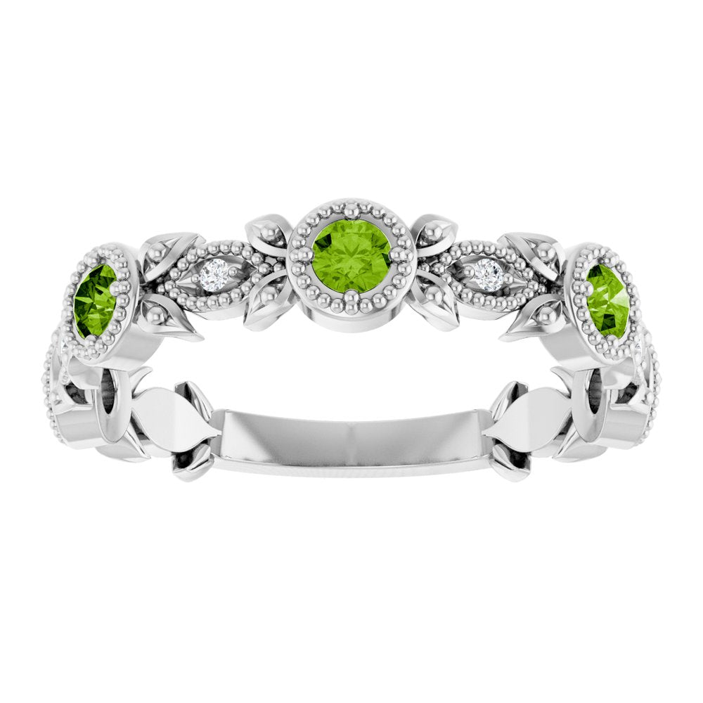 14K White Gold Natural Peridot & .03 CTW Natural Diamond Leaf Ring