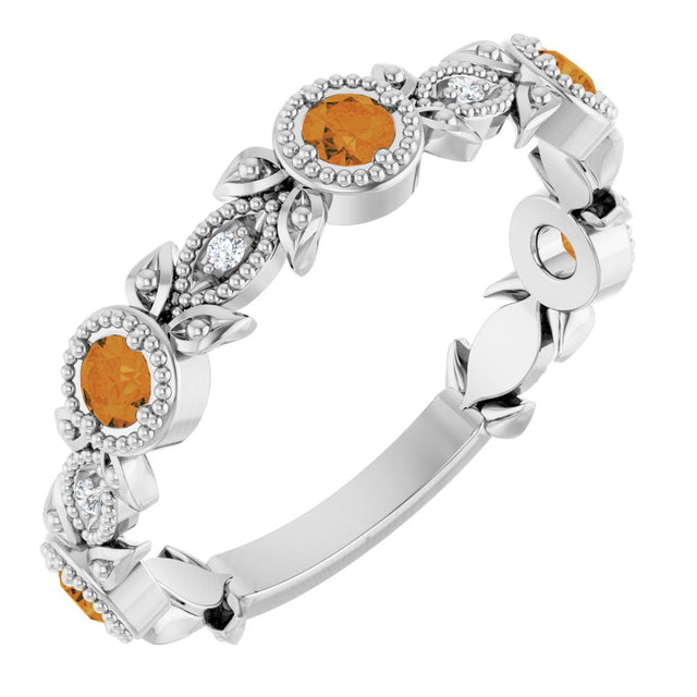 14K White Natural Citrine & .03 CTW Natural Diamond Leaf Ring