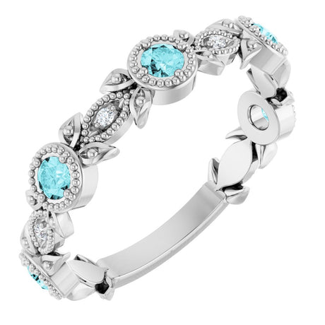 14K White Gold Natural Blue Zircon & .03 CTW Natural Diamond Leaf Ring