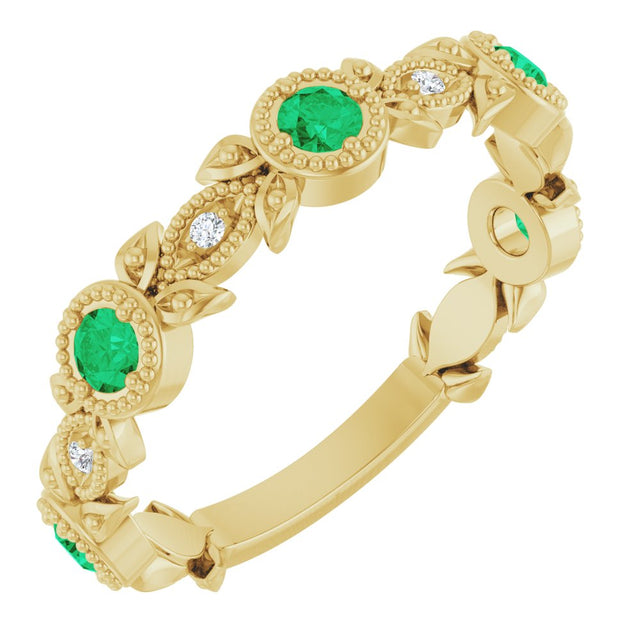 14K Yellow Gold Natural Emerald & .03 CTW Natural Diamond Leaf Ring