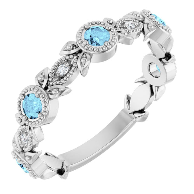 14K White Gold Natural Aquamarine & .03 CTW Natural Diamond Leaf Ring