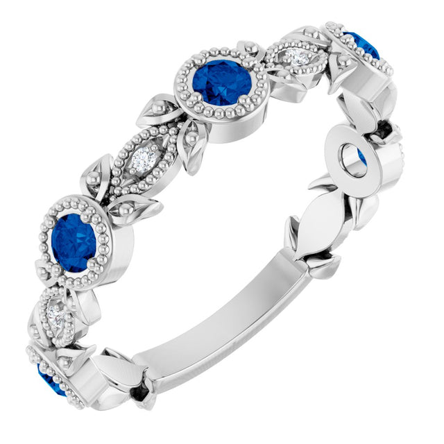 14K White Gold Natural Blue Sapphire & .03 CTW Natural Diamond Leaf Ring