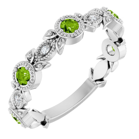 14K White Gold Natural Peridot & .03 CTW Natural Diamond Leaf Ring