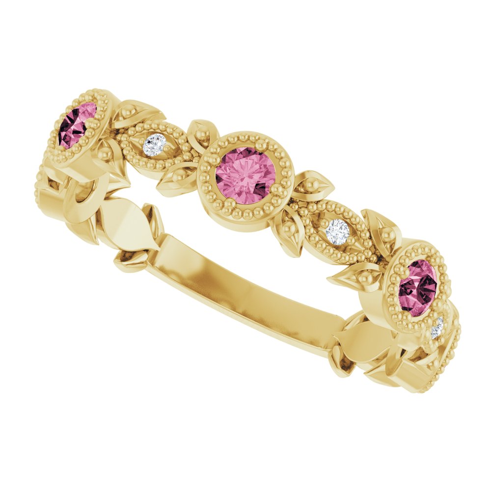 14K Yellow Natural Pink Tourmaline & .03 CTW Natural Diamond Leaf Ring