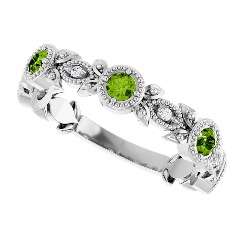 14K White Gold Natural Peridot & .03 CTW Natural Diamond Leaf Ring