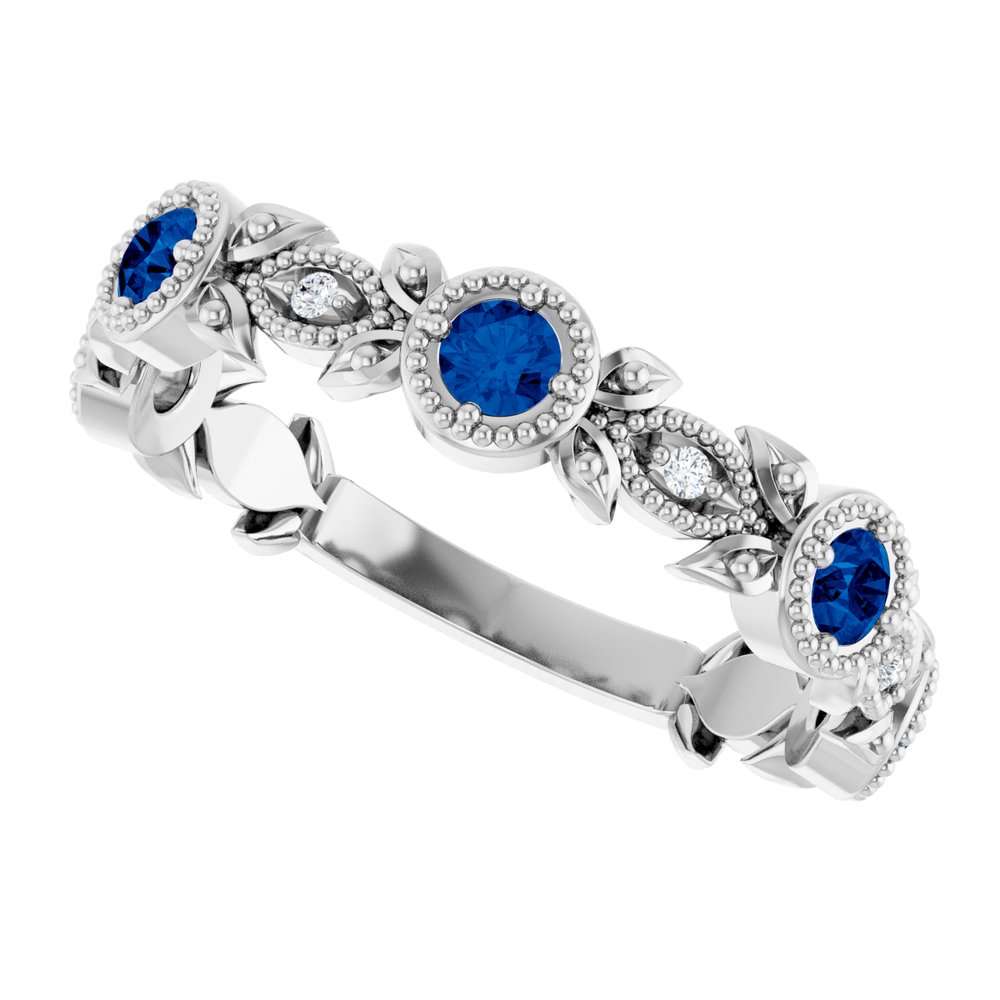 14K White Gold Natural Blue Sapphire & .03 CTW Natural Diamond Leaf Ring