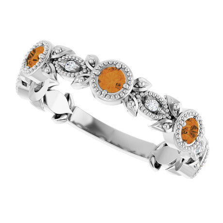 14K White Natural Citrine & .03 CTW Natural Diamond Leaf Ring