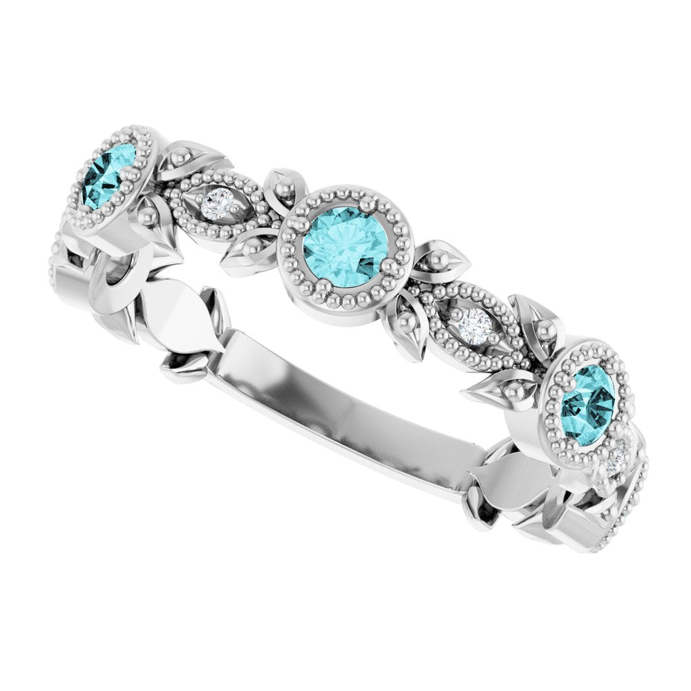 14K White Gold Natural Blue Zircon & .03 CTW Natural Diamond Leaf Ring