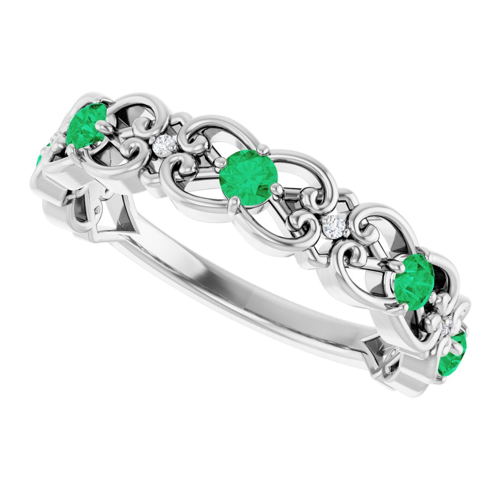 14K White Gold Natural Emerald & .02 CTW Natural Diamond Scroll Ring